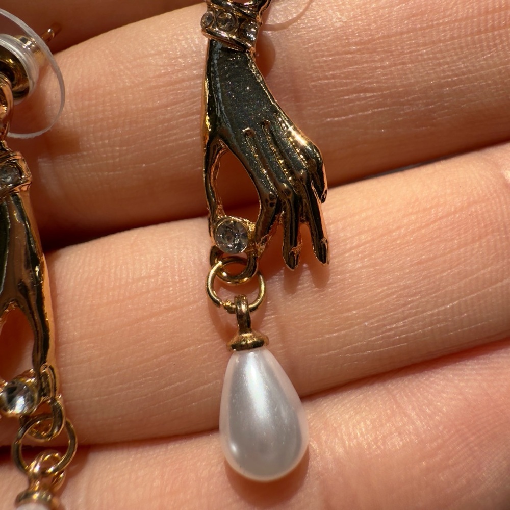 Anthropologie Gold Hand Pearl Drop Earrings - Picture 5 of 7